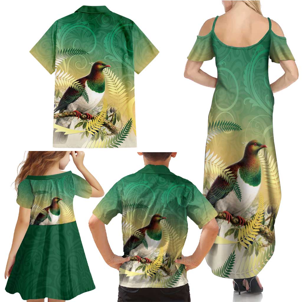 New Zealand Pigeon Kereru Family Matching Summer Maxi Dress and Hawaiian Shirt Maori Fern Art Green Gradient - Polynesian Pride