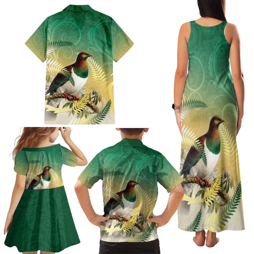 New Zealand Pigeon Kereru Family Matching Tank Maxi Dress and Hawaiian Shirt Maori Fern Art Green Gradient LT05 - Polynesian Pride
