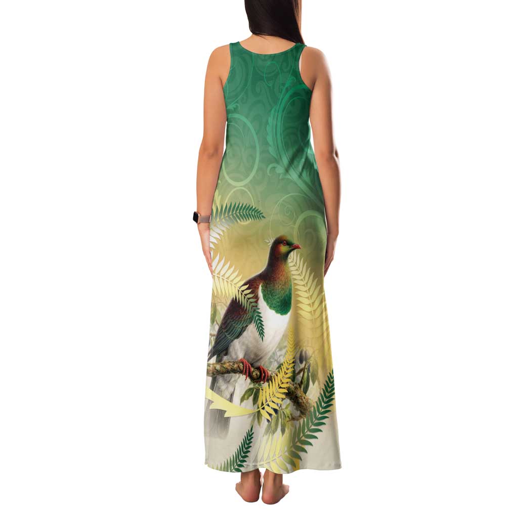 New Zealand Pigeon Kereru Family Matching Tank Maxi Dress and Hawaiian Shirt Maori Fern Art Green Gradient LT05 - Polynesian Pride