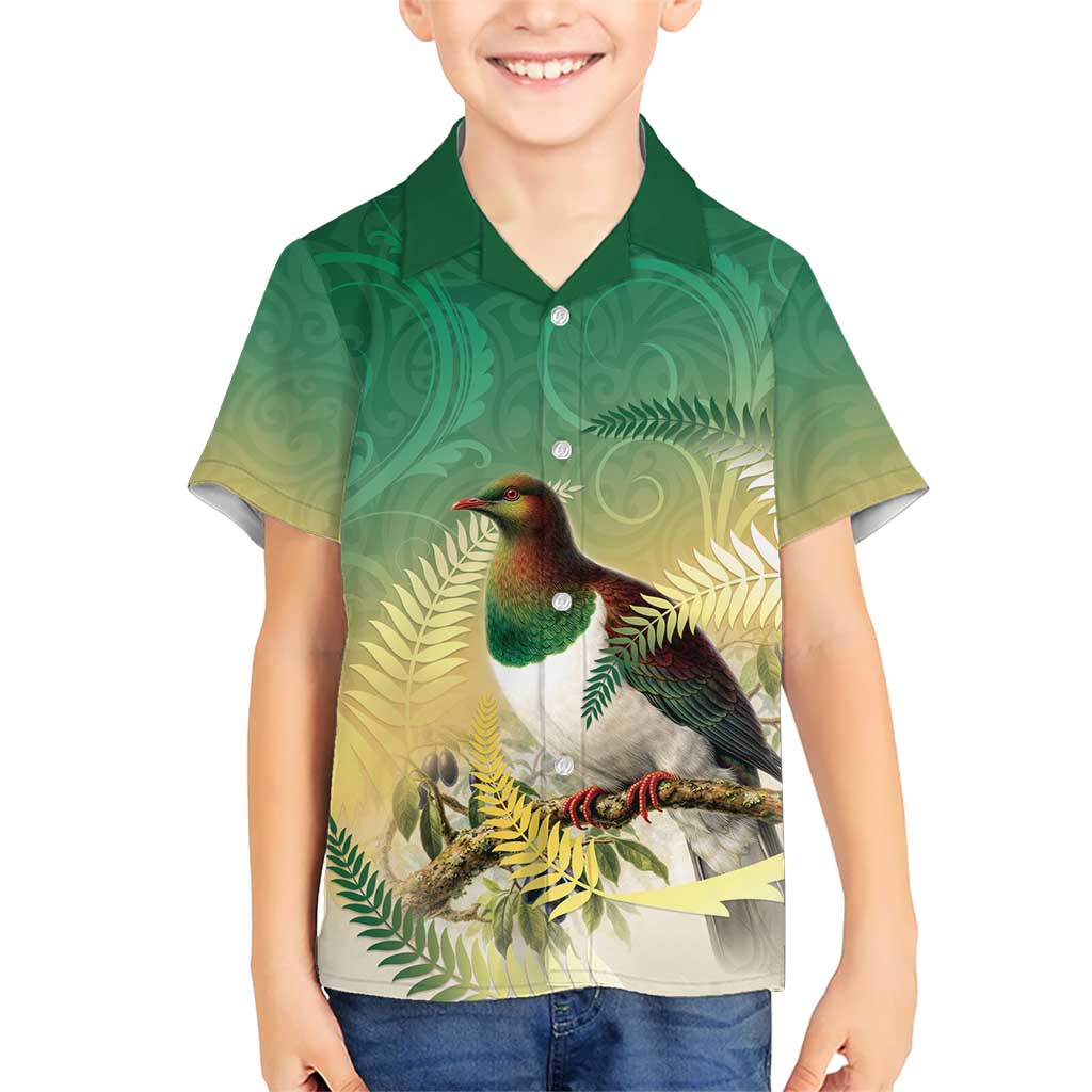 New Zealand Pigeon Kereru Family Matching Tank Maxi Dress and Hawaiian Shirt Maori Fern Art Green Gradient LT05 Son's Shirt Green - Polynesian Pride