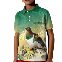 New Zealand Pigeon Kereru Kid Polo Shirt Maori Fern Art Green Gradient - Polynesian Pride