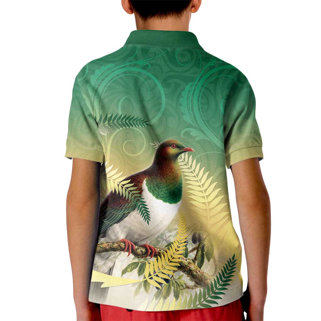 New Zealand Pigeon Kereru Kid Polo Shirt Maori Fern Art Green Gradient - Polynesian Pride
