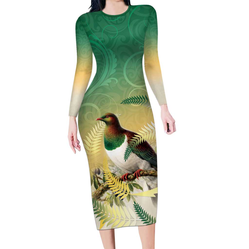 New Zealand Pigeon Kereru Long Sleeve Bodycon Dress Maori Fern Art Green Gradient - Polynesian Pride