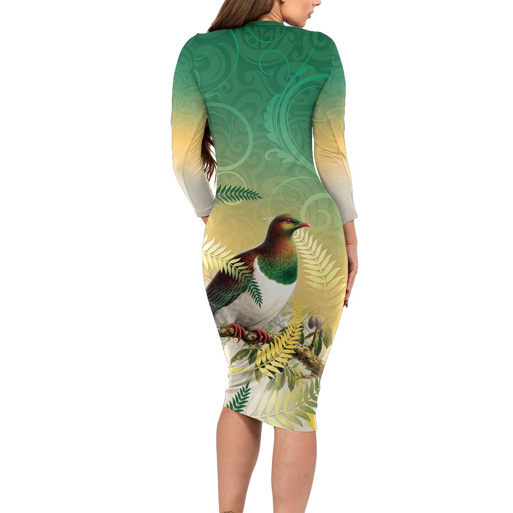 New Zealand Pigeon Kereru Long Sleeve Bodycon Dress Maori Fern Art Green Gradient - Polynesian Pride