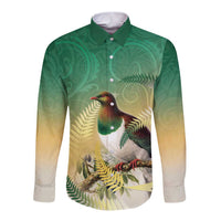 New Zealand Pigeon Kereru Long Sleeve Button Shirt Maori Fern Art Green Gradient - Polynesian Pride