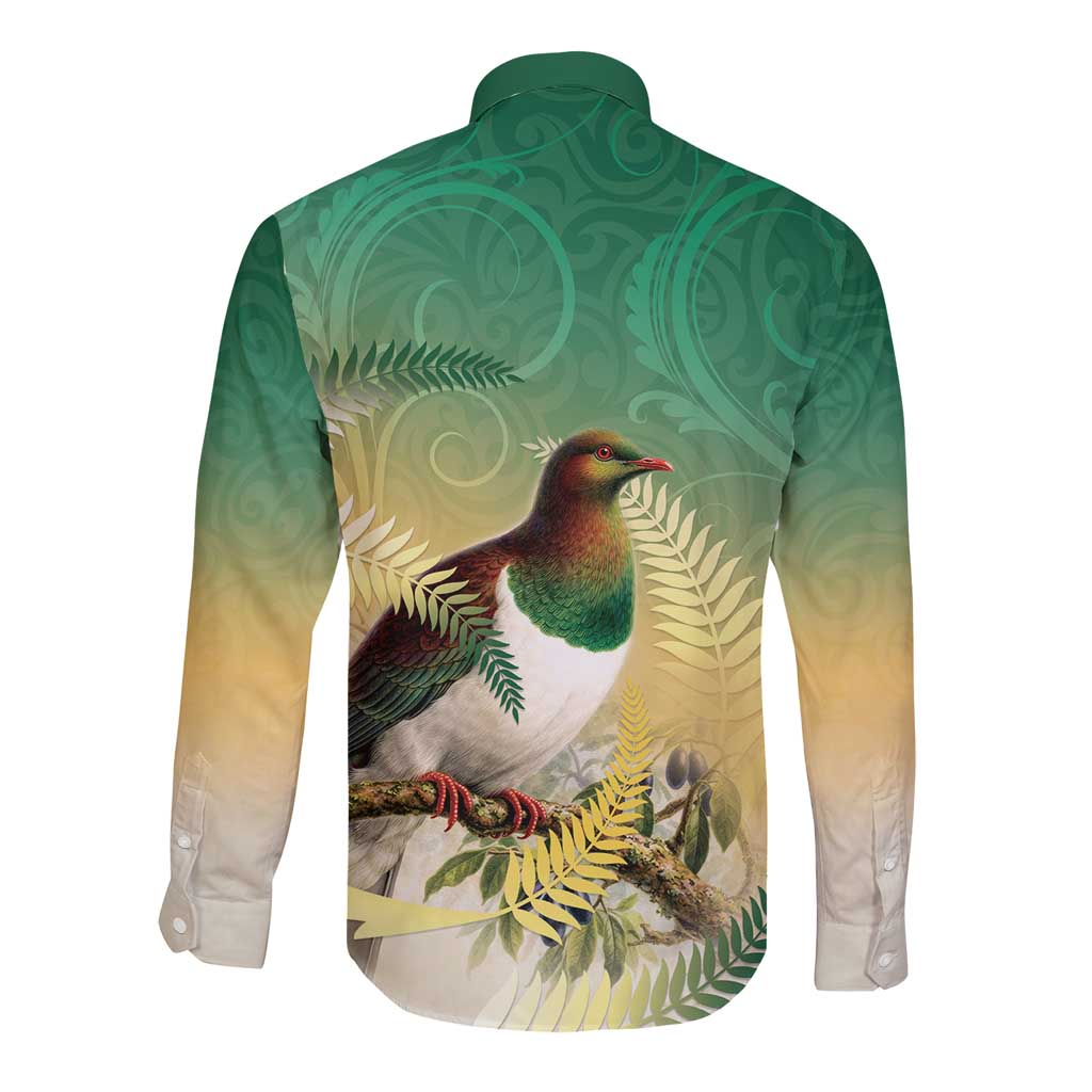 New Zealand Pigeon Kereru Long Sleeve Button Shirt Maori Fern Art Green Gradient - Polynesian Pride