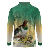 New Zealand Pigeon Kereru Long Sleeve Polo Shirt Maori Fern Art Green Gradient - Polynesian Pride