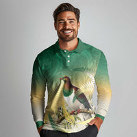 New Zealand Pigeon Kereru Long Sleeve Polo Shirt Maori Fern Art Green Gradient - Polynesian Pride
