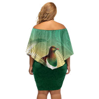 New Zealand Pigeon Kereru Off Shoulder Short Dress Maori Fern Art Green Gradient - Polynesian Pride