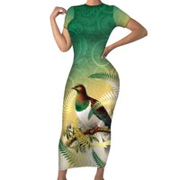 New Zealand Pigeon Kereru Short Sleeve Bodycon Dress Maori Fern Art Green Gradient - Polynesian Pride