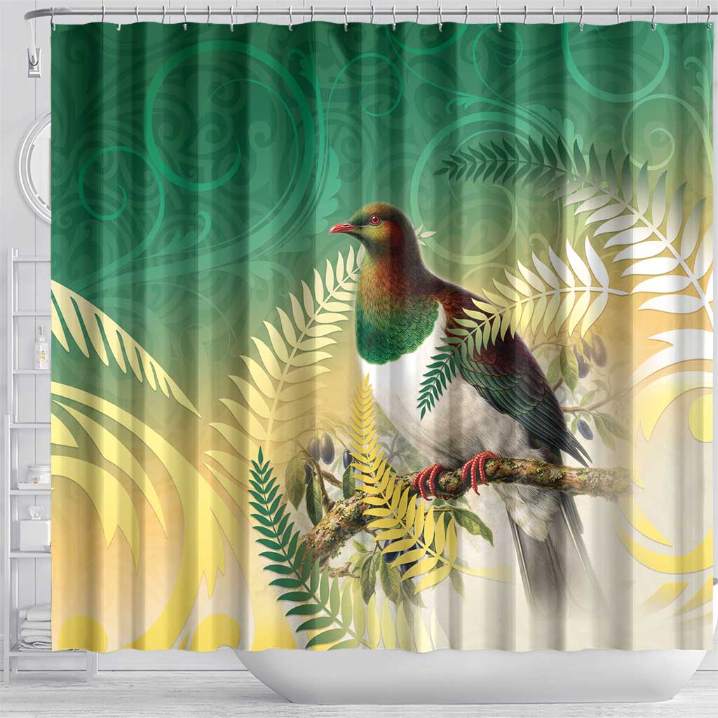 New Zealand Pigeon Kereru Shower Curtain Maori Fern Art Green Gradient - Polynesian Pride