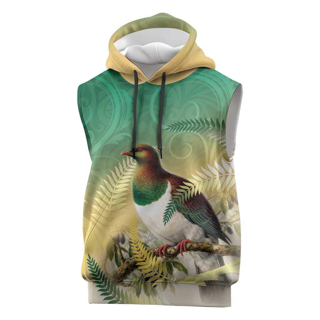 New Zealand Pigeon Kereru Sleeveless Hoodie Maori Fern Art Green Gradient - Polynesian Pride