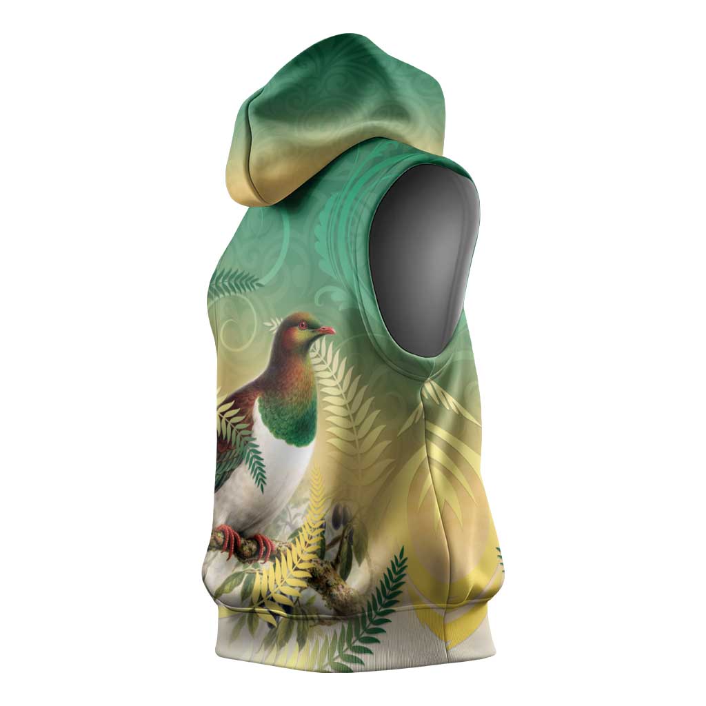 New Zealand Pigeon Kereru Sleeveless Hoodie Maori Fern Art Green Gradient - Polynesian Pride