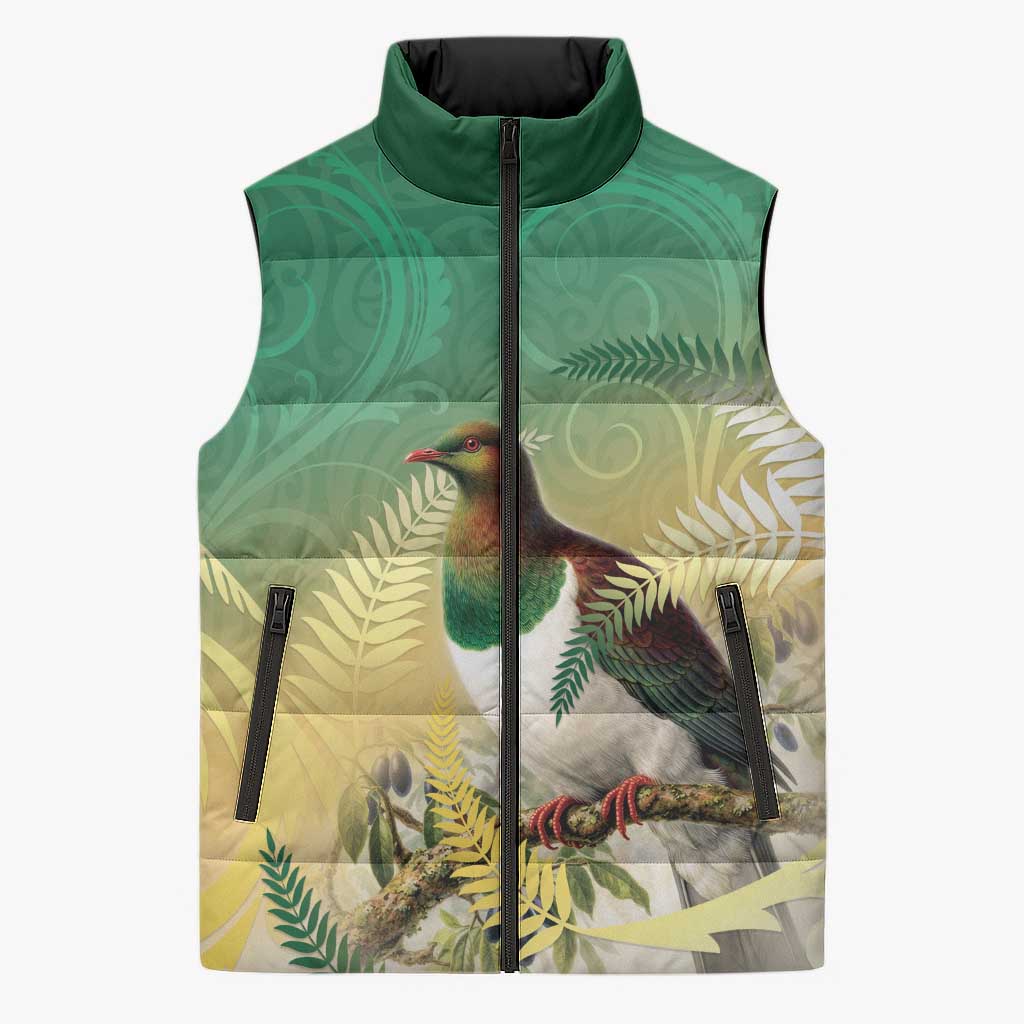 New Zealand Pigeon Kereru Sleeveless Puffer Jacket Maori Fern Art Green Gradient - Polynesian Pride