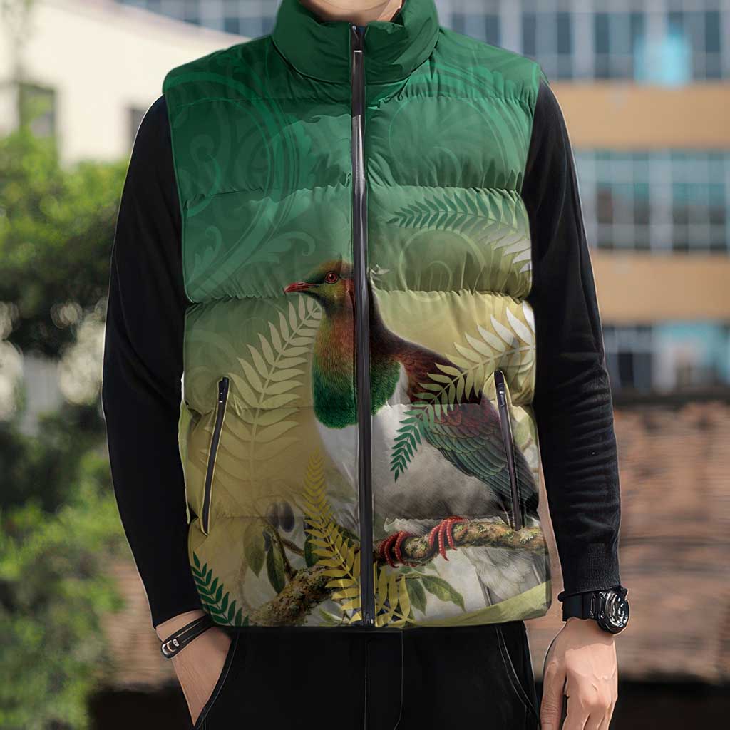 New Zealand Pigeon Kereru Sleeveless Puffer Jacket Maori Fern Art Green Gradient - Polynesian Pride