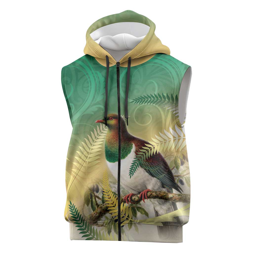 New Zealand Pigeon Kereru Sleeveless Zip Hoodie Maori Fern Art Green Gradient LT05 Green - Polynesian Pride