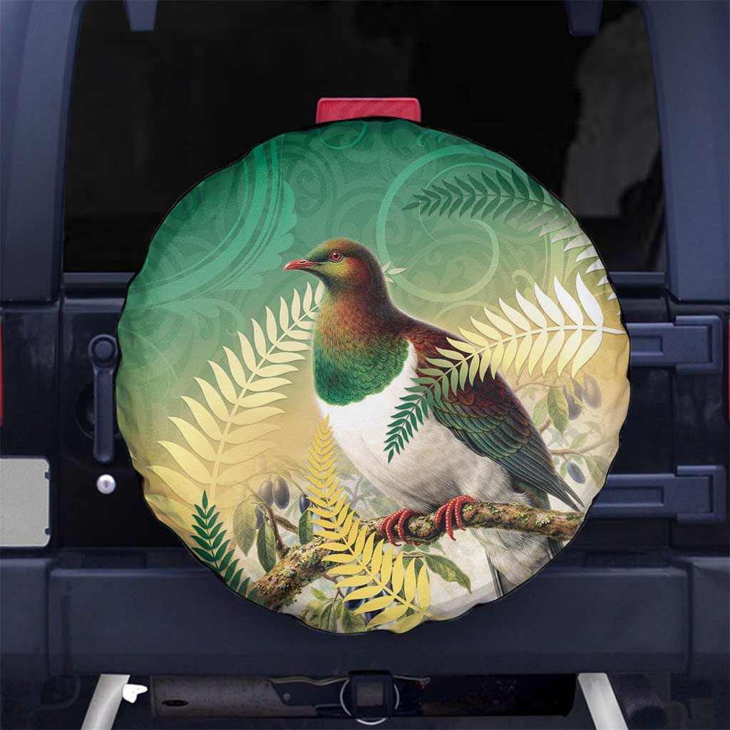 New Zealand Pigeon Kereru Spare Tire Cover Maori Fern Art Green Gradient - Polynesian Pride