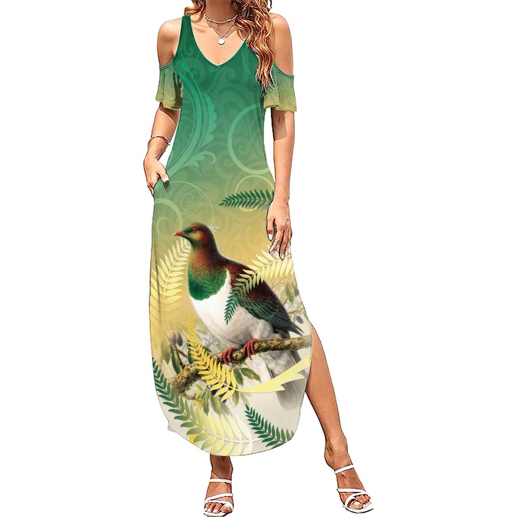 New Zealand Pigeon Kereru Summer Maxi Dress Maori Fern Art Green Gradient - Polynesian Pride
