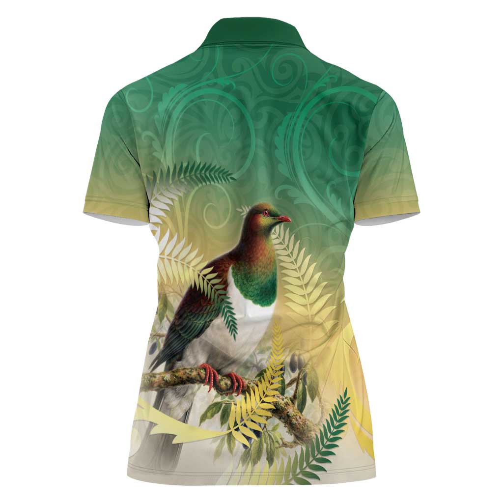 New Zealand Pigeon Kereru Women Polo Shirt Maori Fern Art Green Gradient - Polynesian Pride