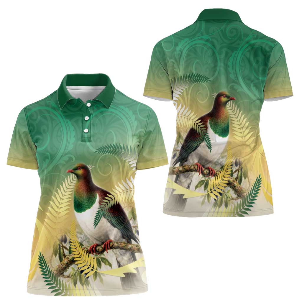 New Zealand Pigeon Kereru Women Polo Shirt Maori Fern Art Green Gradient - Polynesian Pride