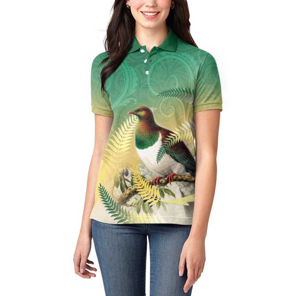 New Zealand Pigeon Kereru Women Polo Shirt Maori Fern Art Green Gradient - Polynesian Pride