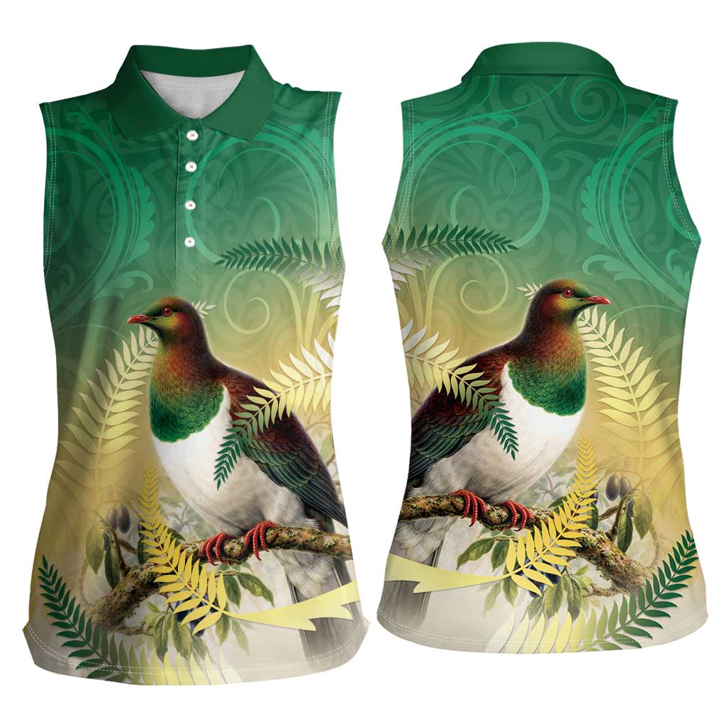 New Zealand Pigeon Kereru Women Sleeveless Polo Shirt Maori Fern Art Green Gradient - Polynesian Pride