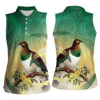 New Zealand Pigeon Kereru Women Sleeveless Polo Shirt Maori Fern Art Green Gradient - Polynesian Pride