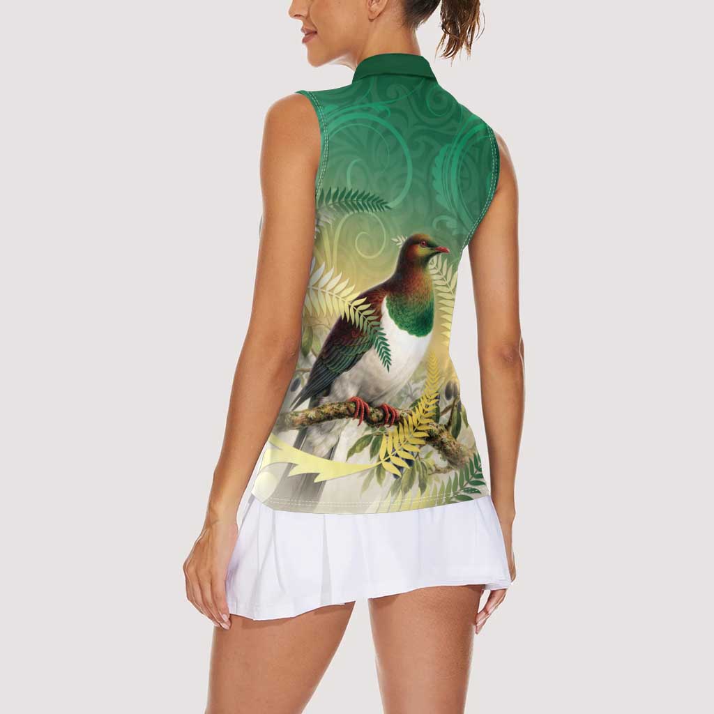 New Zealand Pigeon Kereru Women Sleeveless Polo Shirt Maori Fern Art Green Gradient - Polynesian Pride