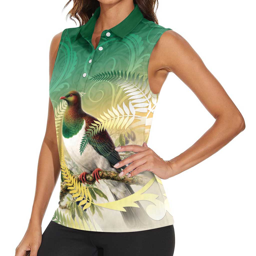 New Zealand Pigeon Kereru Women Sleeveless Polo Shirt Maori Fern Art Green Gradient - Polynesian Pride