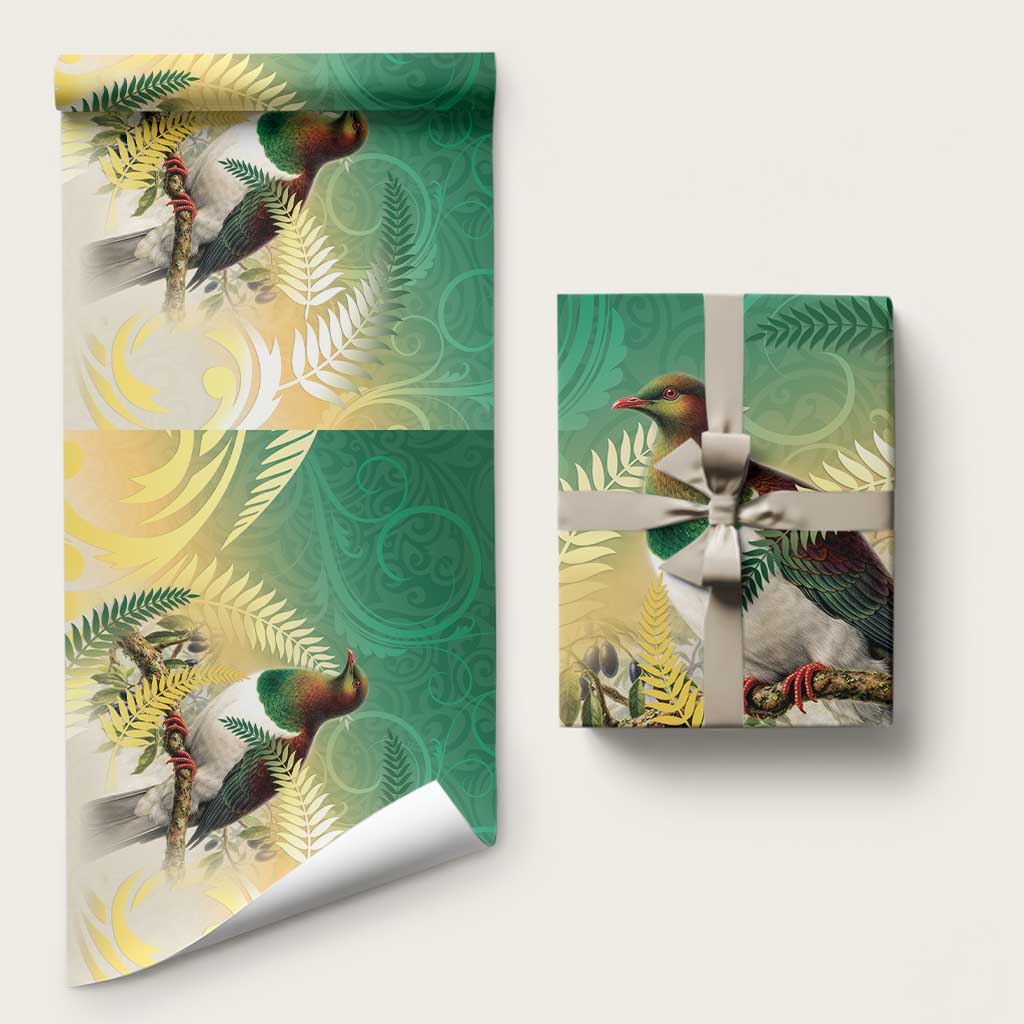 New Zealand Pigeon Kereru Wrapping Paper Maori Fern Art Green Gradient