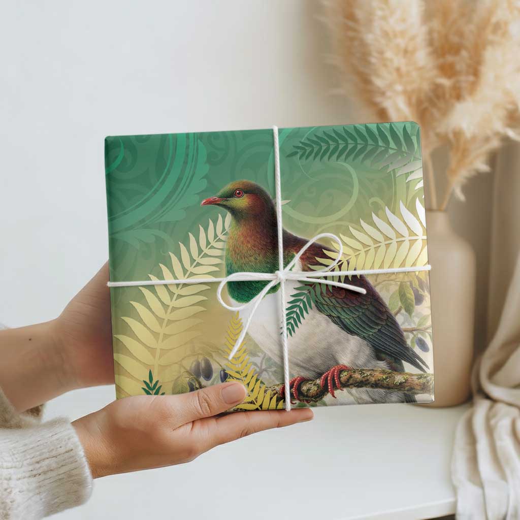 New Zealand Pigeon Kereru Wrapping Paper Maori Fern Art Green Gradient