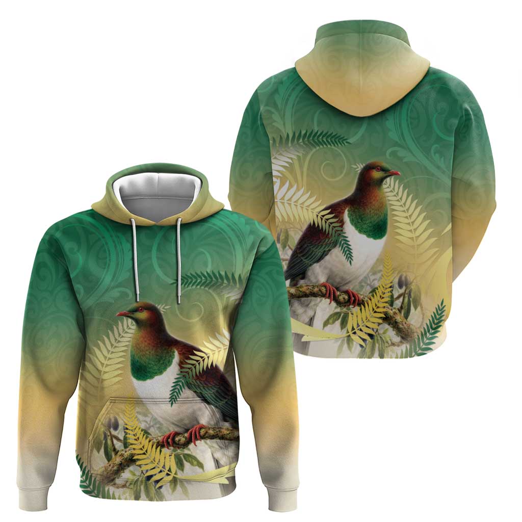New Zealand Pigeon Kereru Zip Hoodie Maori Fern Art Green Gradient - Polynesian Pride