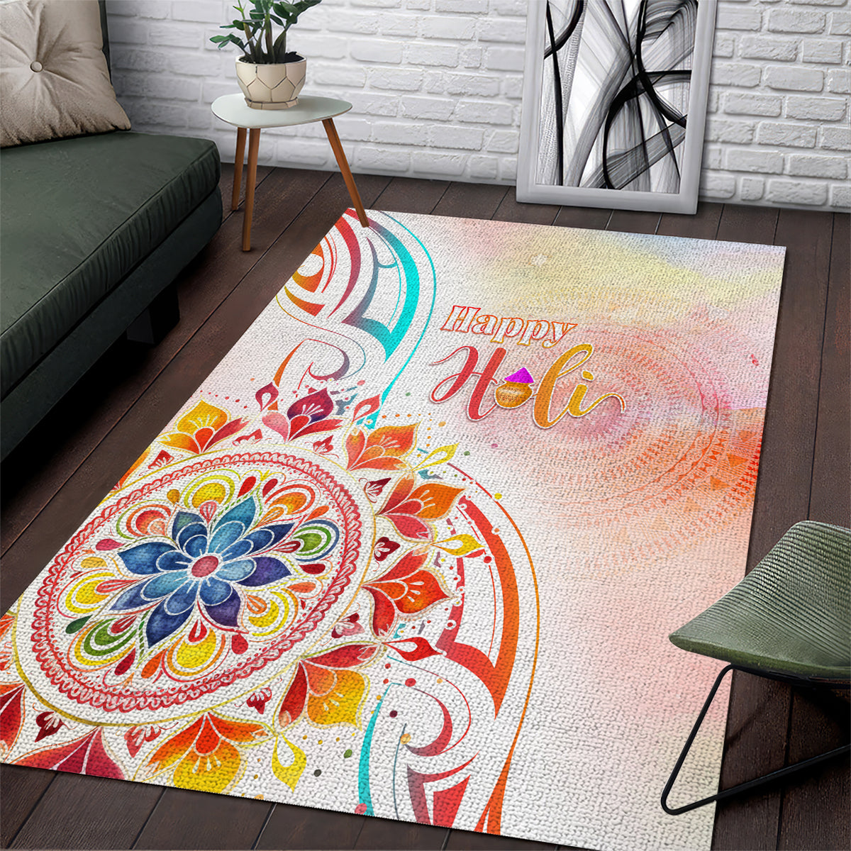 Happy Holi Festival Area Rug Rangoli With Polynesian Pattern LT05 White - Polynesian Pride