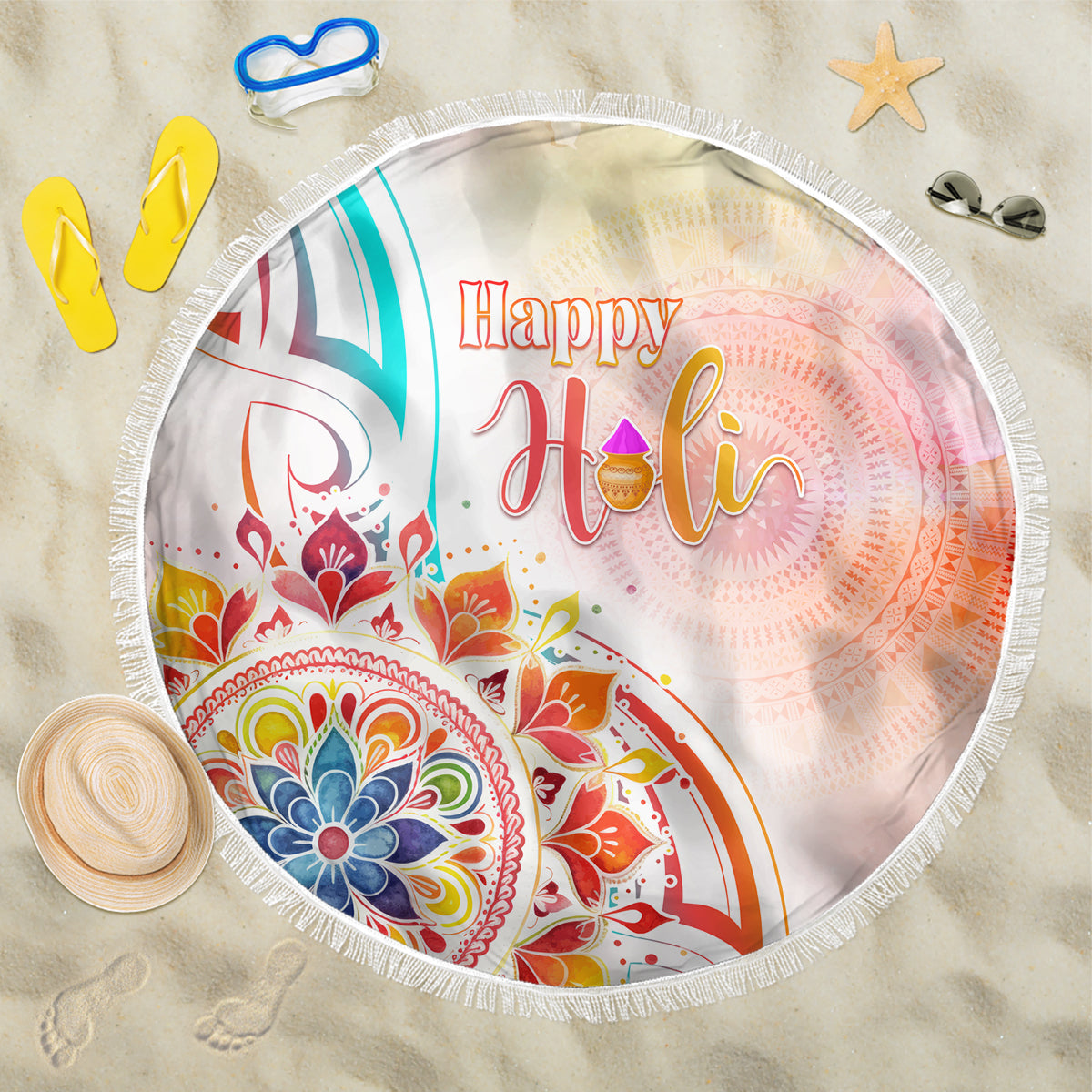 Happy Holi Festival Beach Blanket Rangoli With Polynesian Pattern LT05 One Size 150cm White - Polynesian Pride