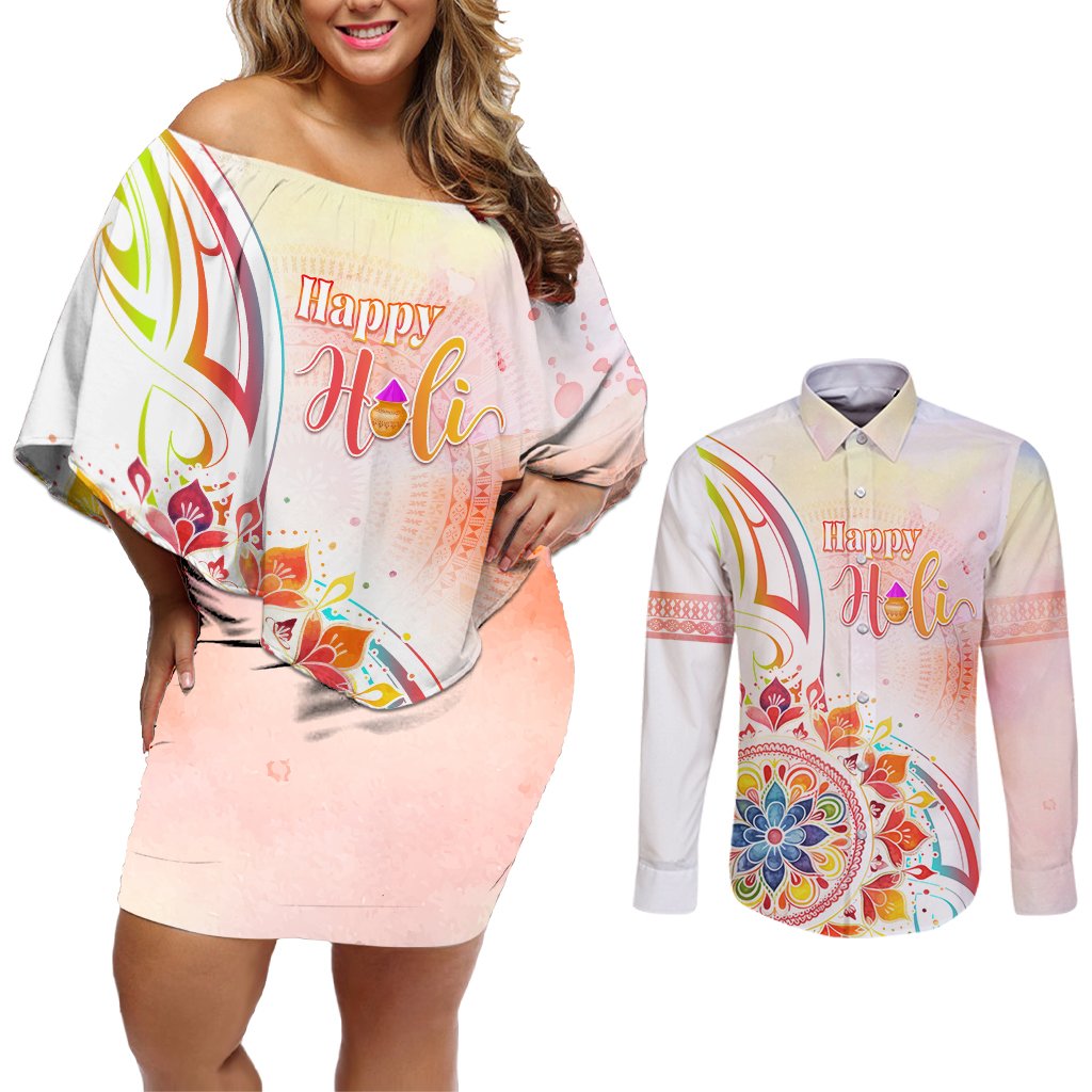 Happy Holi Festival Couples Matching Off Shoulder Short Dress and Long Sleeve Button Shirt Rangoli With Polynesian Pattern LT05 White - Polynesian Pride
