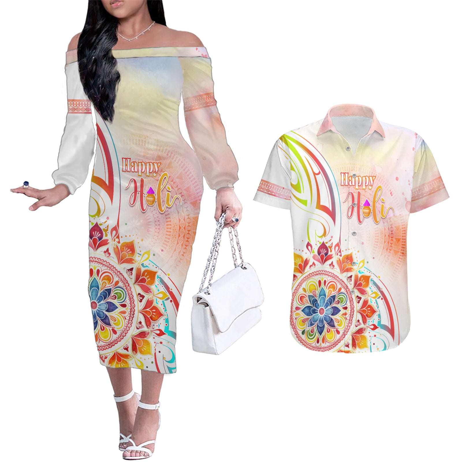 Happy Holi Festival Couples Matching Off The Shoulder Long Sleeve Dress and Hawaiian Shirt Rangoli With Polynesian Pattern LT05 White - Polynesian Pride