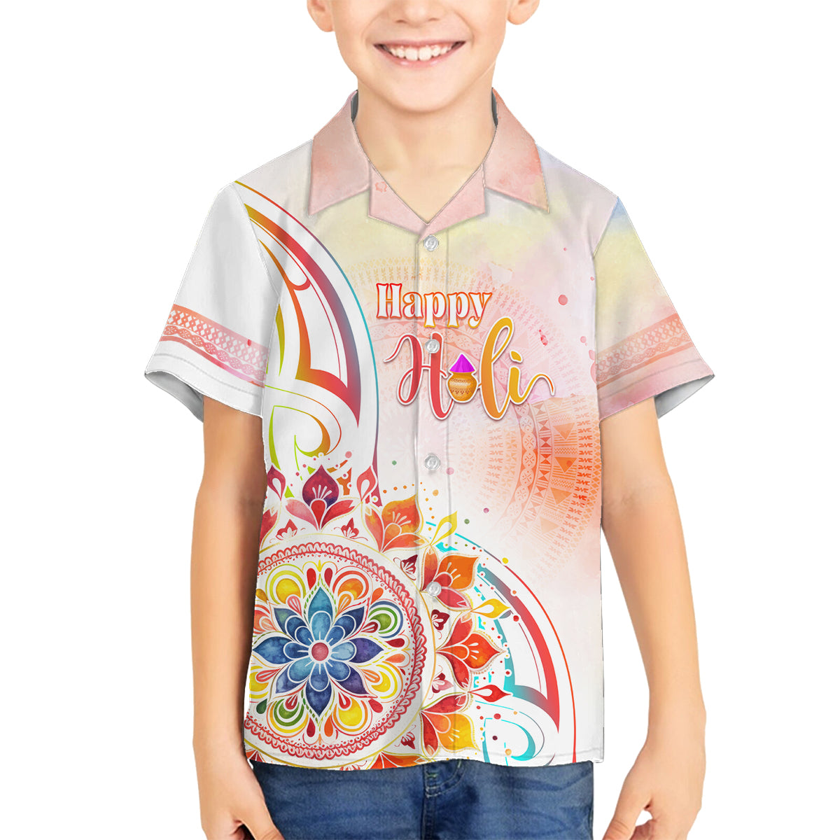 Happy Holi Festival Family Matching Long Sleeve Bodycon Dress and Hawaiian Shirt Rangoli With Polynesian Pattern LT05 Son's Shirt White - Polynesian Pride