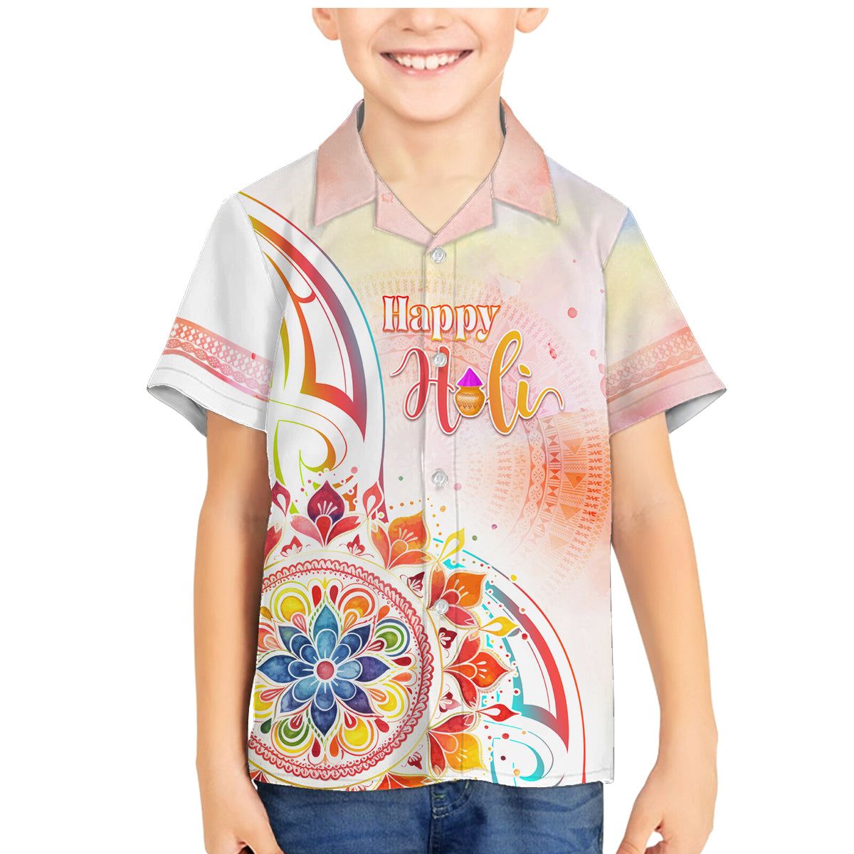 Happy Holi Festival Family Matching Mermaid Dress and Hawaiian Shirt Rangoli With Polynesian Pattern LT05 Son's Shirt White - Polynesian Pride