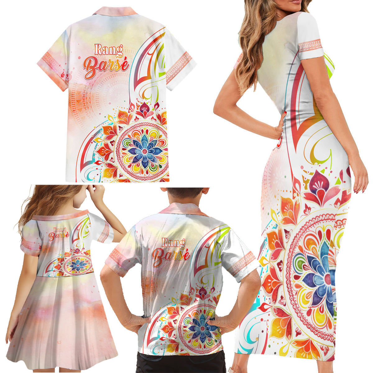 Happy Holi Festival Family Matching Short Sleeve Bodycon Dress and Hawaiian Shirt Rangoli With Polynesian Pattern LT05 - Polynesian Pride