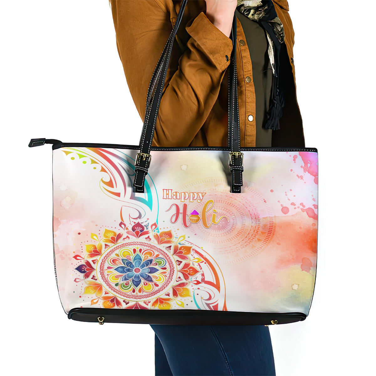 Happy Holi Festival Leather Tote Bag Rangoli With Polynesian Pattern LT05 - Polynesian Pride