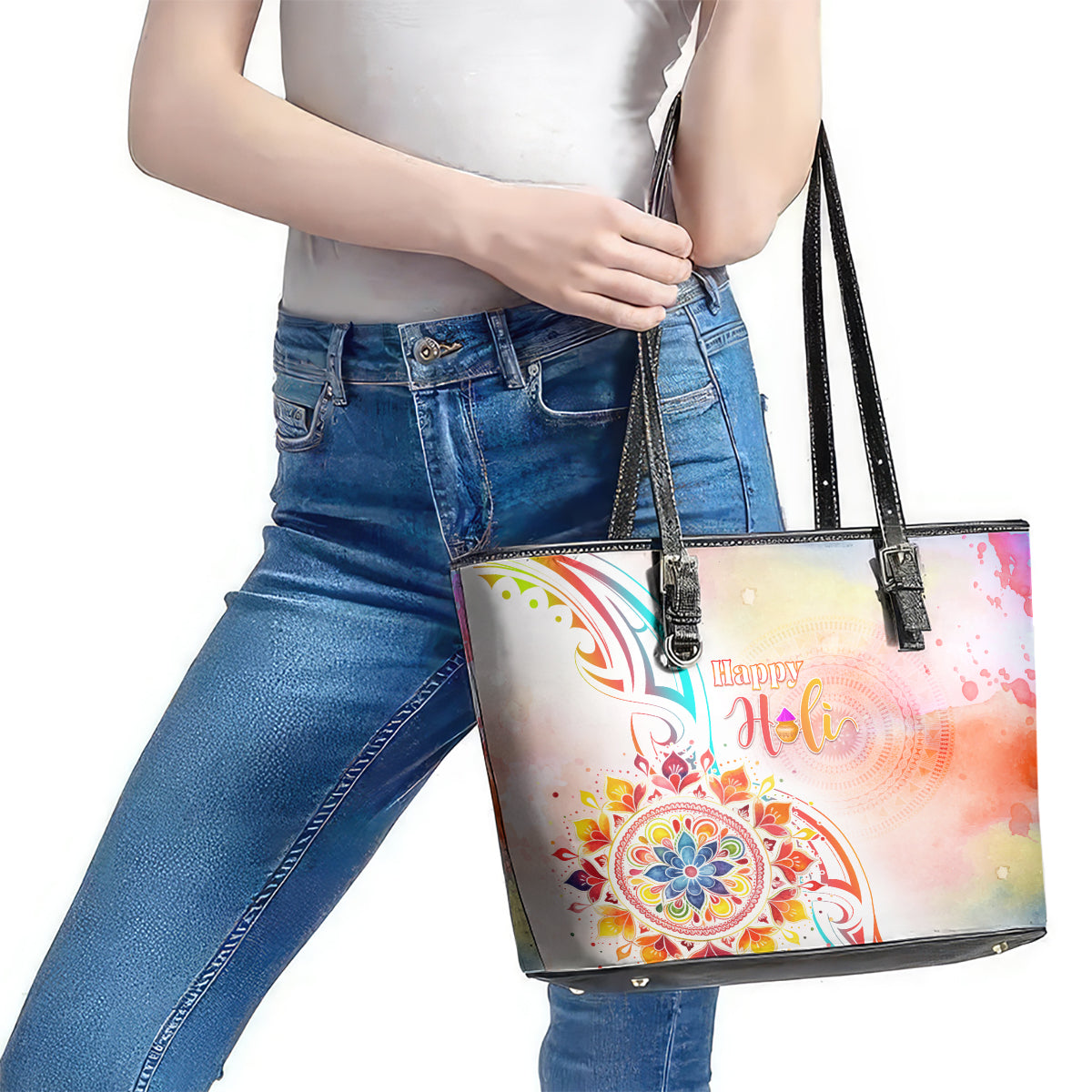 Happy Holi Festival Leather Tote Bag Rangoli With Polynesian Pattern LT05 - Polynesian Pride