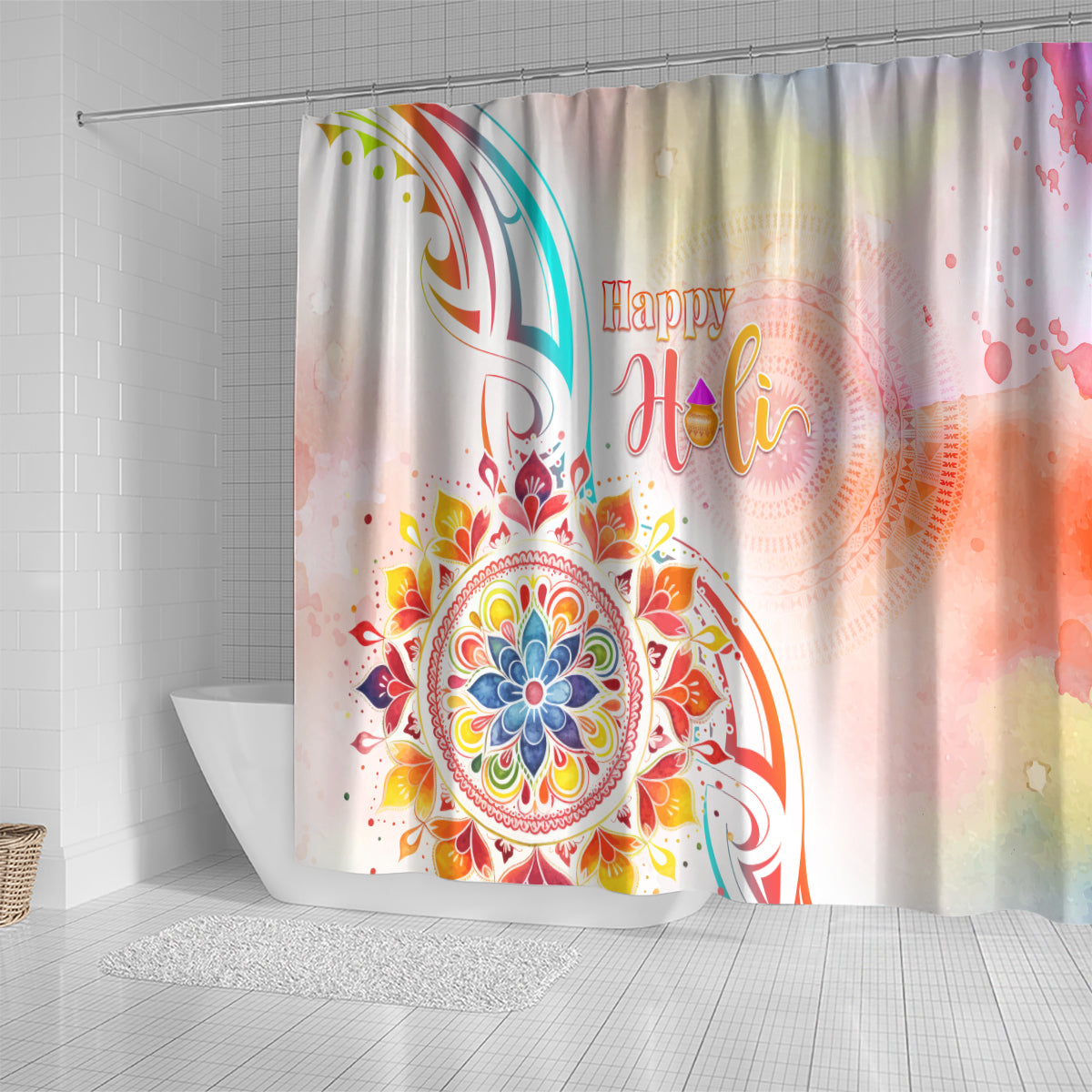 Happy Holi Festival Shower Curtain Rangoli With Polynesian Pattern LT05 - Polynesian Pride
