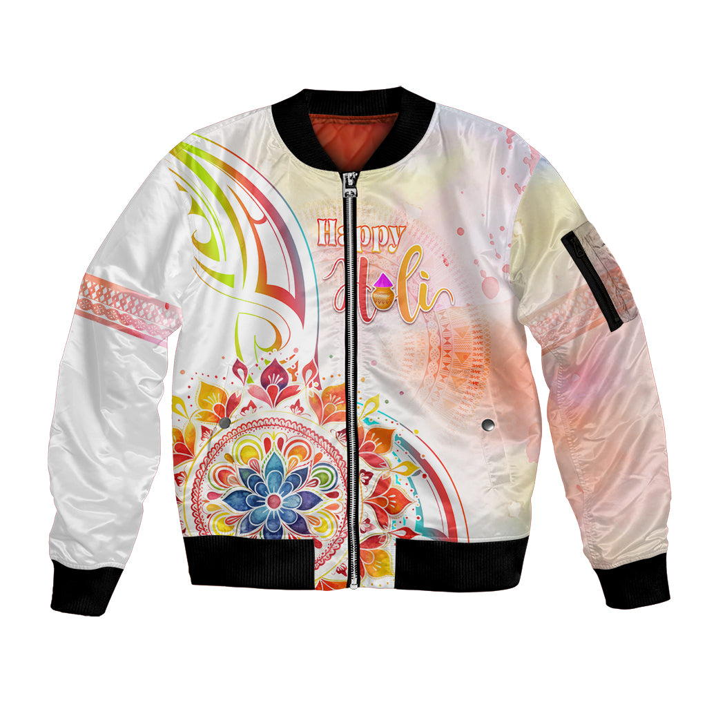 Happy Holi Festival Sleeve Zip Bomber Jacket Rangoli With Polynesian Pattern LT05 Unisex White - Polynesian Pride
