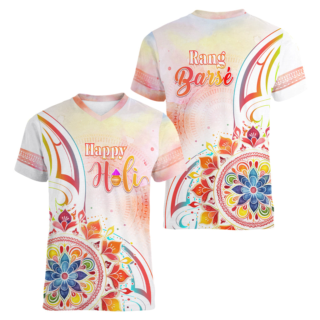 Happy Holi Festival Women V Neck T Shirt Rangoli With Polynesian Pattern LT05 - Polynesian Pride
