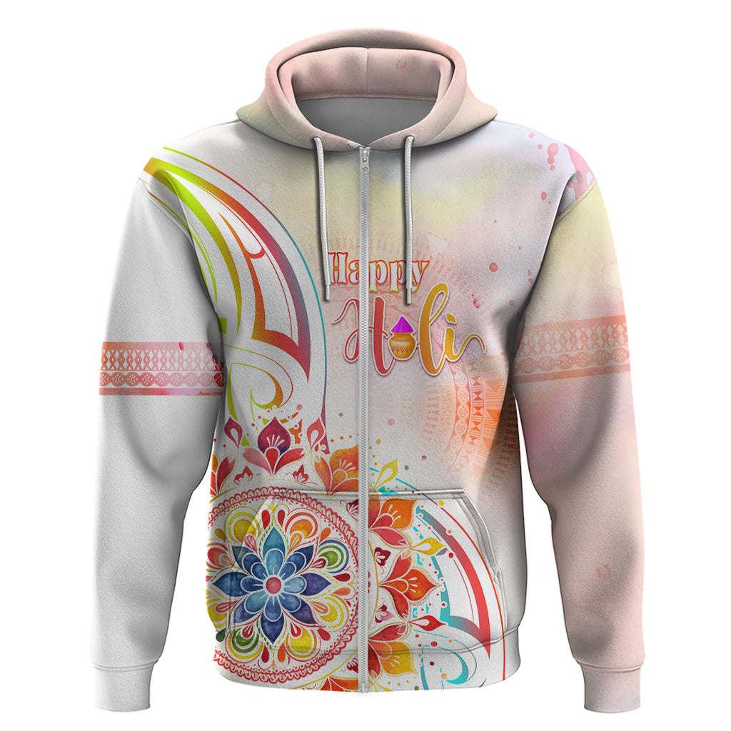 Happy Holi Festival Zip Hoodie Rangoli With Polynesian Pattern LT05 Zip Hoodie White - Polynesian Pride