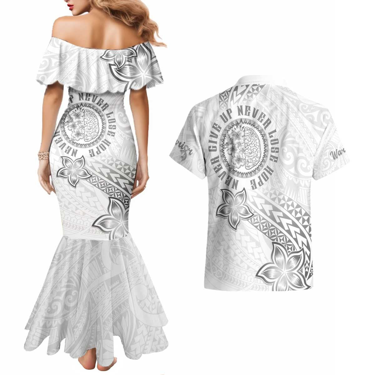 Brain Cancer Warrior Couples Matching Mermaid Dress and Hawaiian Shirt Never Give Up