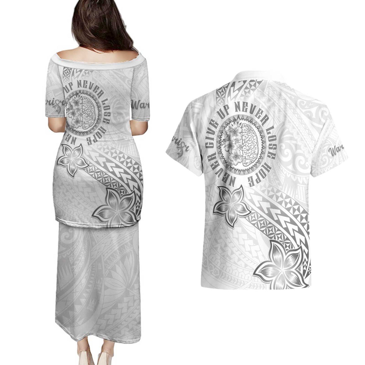 Brain Cancer Warrior Couples Matching Puletasi and Hawaiian Shirt Never Give Up