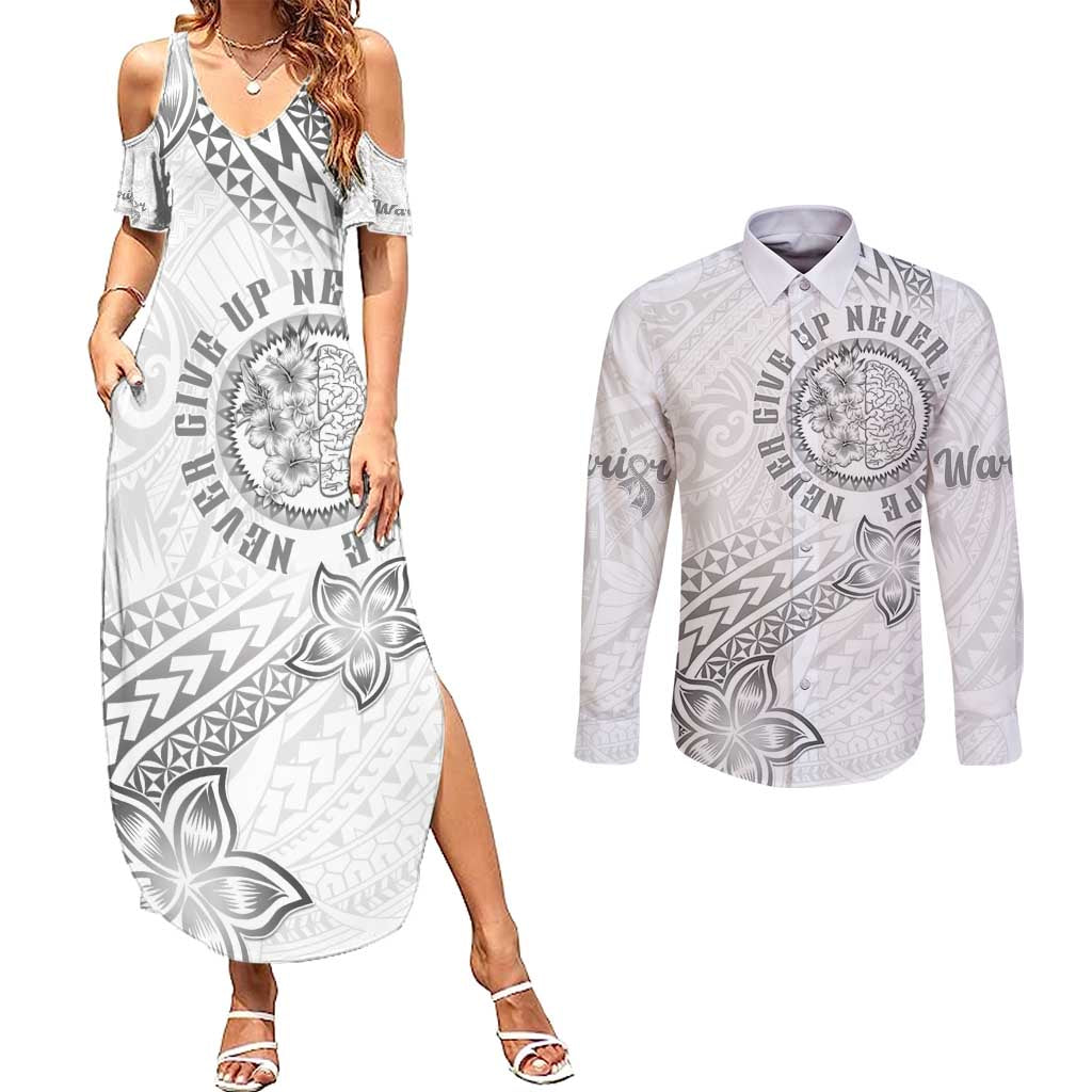 Brain Cancer Warrior Couples Matching Summer Maxi Dress and Long Sleeve Button Shirt Never Give Up LT05 White - Polynesian Pride