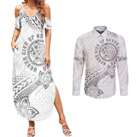 Brain Cancer Warrior Couples Matching Summer Maxi Dress and Long Sleeve Button Shirt Never Give Up LT05 White - Polynesian Pride