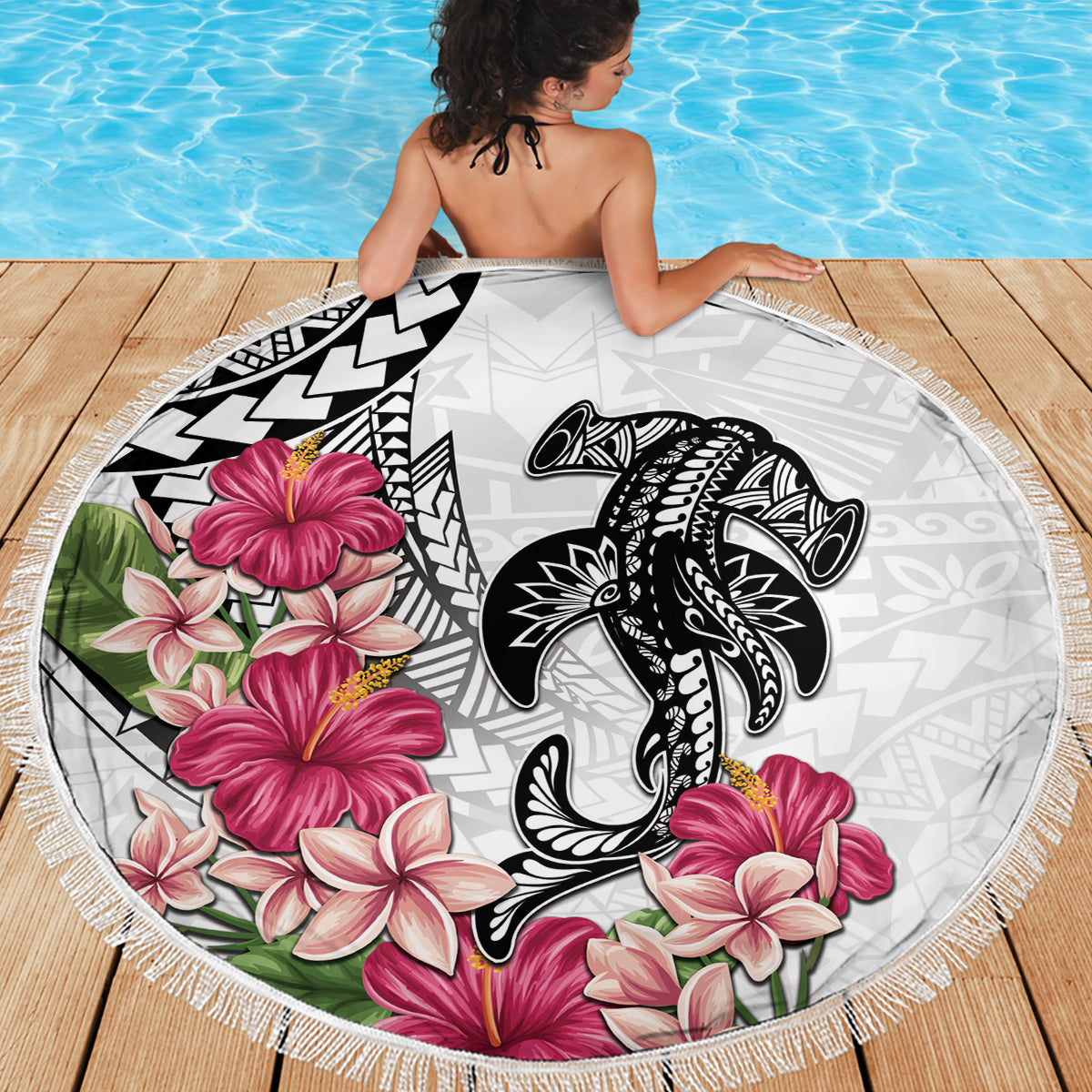 White Polynesian Hammerhead Shark Tribal Pattern Beach Blanket